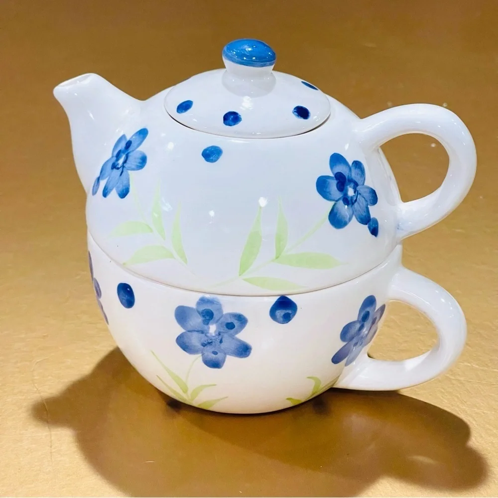Stackable Ceramic Tea Pot Mug Blue Floral Tea For One